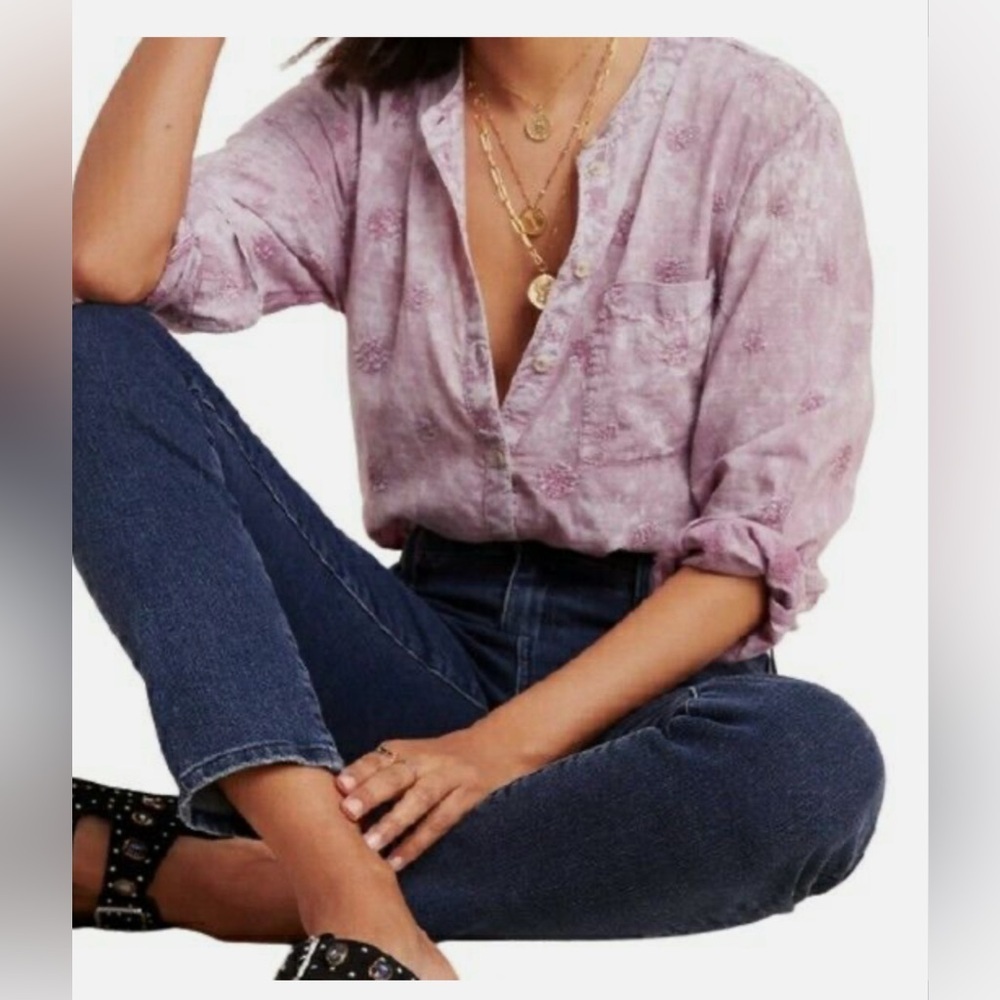 Anthropologie Pilcro Whitney Embroidered Trapeze Buttondown Lilac Size Small - Picture 5 of 14